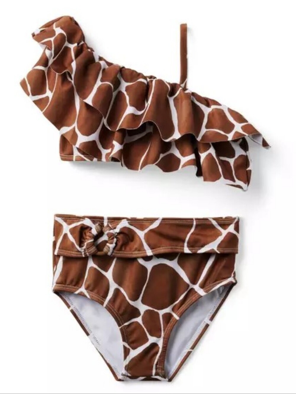 Janie and Jack Brown and White Giraffe-Print Ruffle One-Shoulder Bikini